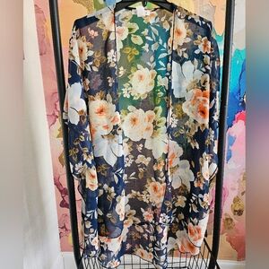 Emory Park Floral Sheer Kimono in Navy and Peach